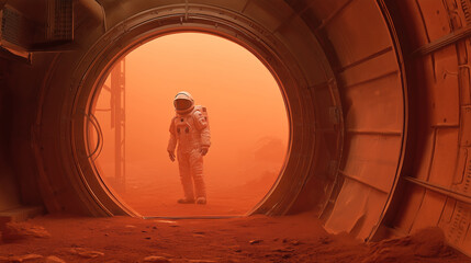 An astronaut stands at the entrance of a Martian base, peering into the dusty, orange landscape of Mars, preparing for exploration and colonization tasks