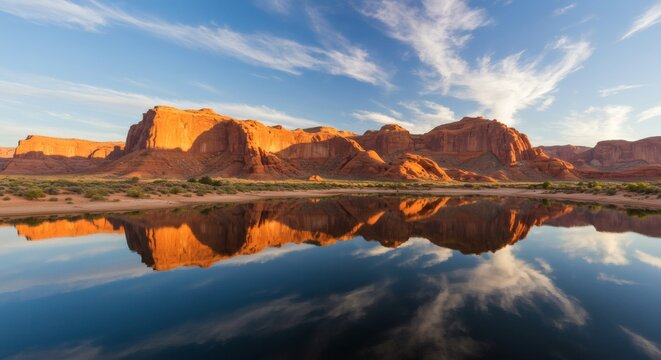 Stunning sunrise over a tranquil lake with a perfect mirror reflection of majestic red rock cliffs and clouds