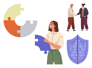 Woman holding puzzle piece, colorful puzzle circle, handshake, digital shield with binary code. Ideal for problem-solving, teamwork, collaboration, security, partnership innovation connectivity
