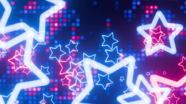 Bright screensaver for video clip. Screen for a disco. VJ-loop. Flashes of light. Disco style. Retro animation of a star. Bright light. Dance floor with bright rotating stars. Animation, screensaver.
