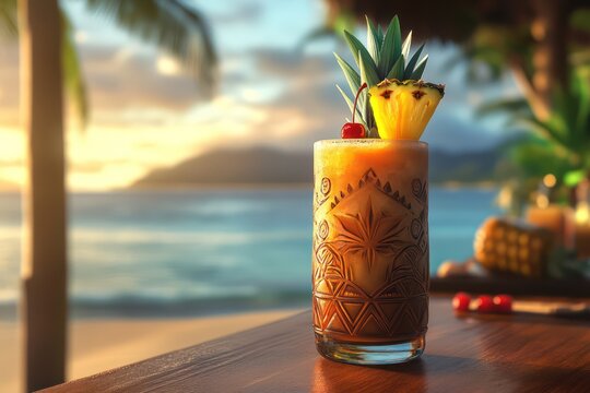 Colorful Mai Tai cocktail with ocean view