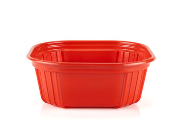 Empty red square plastic container for food storage, takeaway box, or product packaging, isolated on white background with clipping path.
