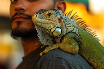 Tattooed man with iguana on shoulder