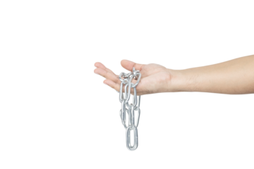 Man's hand holding a metal chain, symbolizing connection, strength, and link. isolated on white background with clipping path.