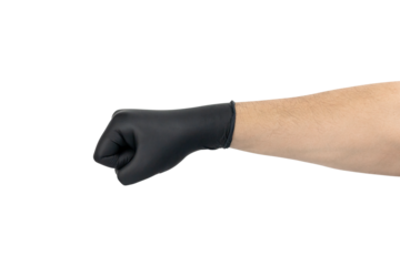 Hand in black glove with a clenched fist gesture symbolizing power, punch, or protest. isolated on white background with clipping path.