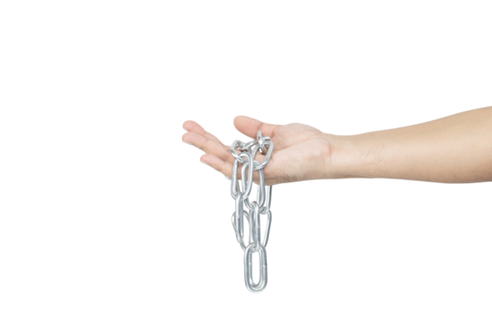 Man's hand holding a metal chain, symbolizing connection, strength, and link. isolated on white background with clipping path.