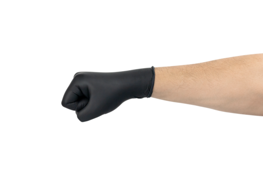 Hand in black glove with a clenched fist gesture symbolizing power, punch, or protest. isolated on white background with clipping path.