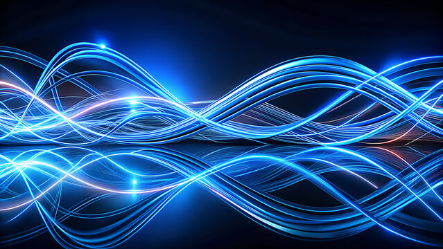 Abstract glowing blue and purple light trails creating intricate wave patterns with a reflective surface in the foreground against a dark background