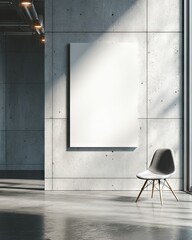 Blank canvas on concrete wall, chair