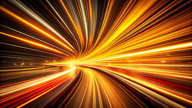 Abstract motion blur of bright golden and orange light streaks radiating from a central point creating a sense of speed and energy - Powered by Adobe