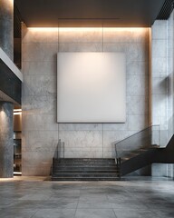 Modern lobby with blank canvas, stairs, and stone walls