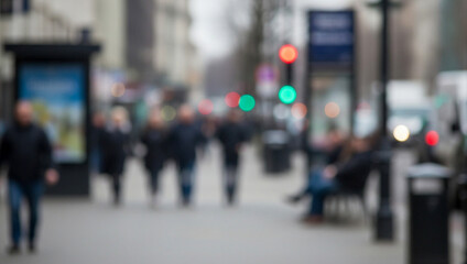 Blurred urban scene with people walking on a sidewalk near buildings, where tall structures, glass facades, and city activity create a lively metropolitan setting.