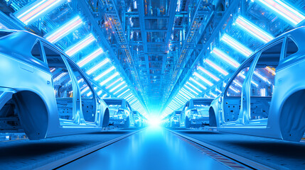 Rows of partially assembled cars stand ready in a modern factory, illuminated by bright blue lights. Technological equipment surrounds the vehicles, highlighting advanced manufacturing methods