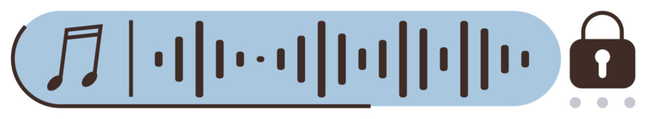 Audio waveform, music note, and lock icon signify secure audio, privacy, copyright protection, and safe sharing. Ideal for technology, music, security data privacy innovation and digital access
