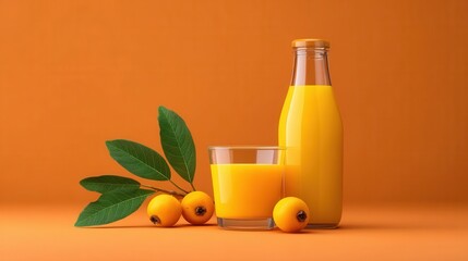 Fresh Orange Juice in Glass and Bottle with Yellow Fruit on Plain Backdrop
