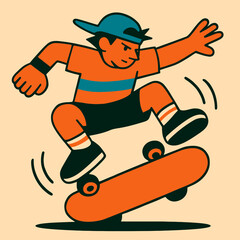 Illustrated Skateboarder With Bold Lines Executes A Trick Jump In Retro Stylized Flat Design