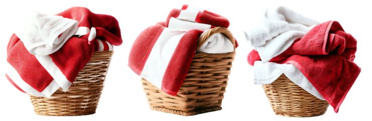 Set of woven wicker baskets filled with folded red and white clothes isolated on white background
