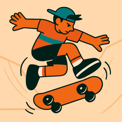 Stylized Illustration Depicts A Skateboarder Performing A Trick Suspended Above Their Board