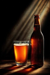 Amber beer bottle and glass, dramatic lighting
