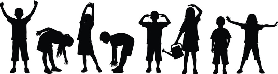PrintSilhouettes of active children stretching, playing, and moving freely representing healthy lifestyle, exercise, physical activity, fitness, and joyful movement.