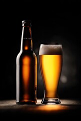 Amber beer bottle and glass, dark background