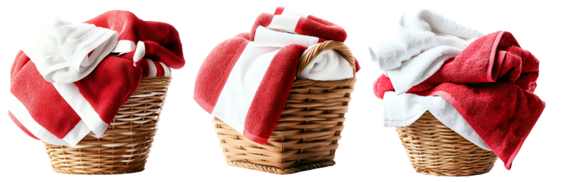 Set of woven wicker baskets filled with folded red and white clothes isolated on white background