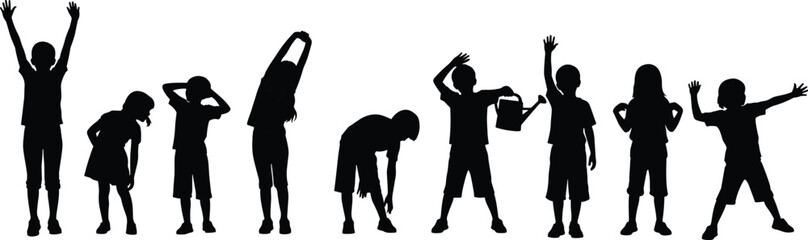 PrintSilhouettes of children stretching, playing, exercising, and moving in various active poses promoting physical fitness, fun, and outdoor activities.