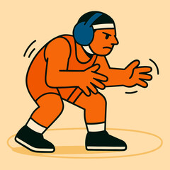Determined Wrestler In Orange Singlet Prepares To Compete On A Beige Mat Focused And Intense