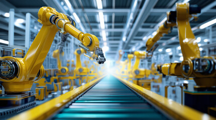 In a spacious manufacturing facility, robotic arms are engaged in precise assembly tasks along a conveyor belt. The environment features bright lighting and a clean, efficient design