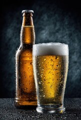 Cold beer bottle and glass