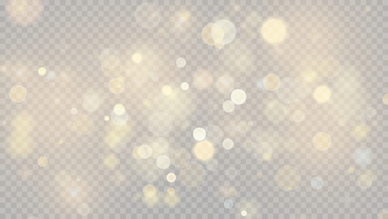 Golden dust light png. Christmas glowing bokeh confetti and sparkle overlay texture for your design. Stock royalty free vector illustration. PNG	