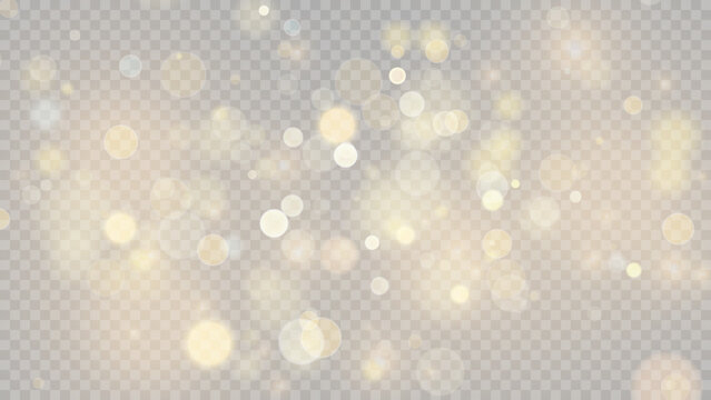 Golden dust light png. Christmas glowing bokeh confetti and sparkle overlay texture for your design. Stock royalty free vector illustration. PNG	