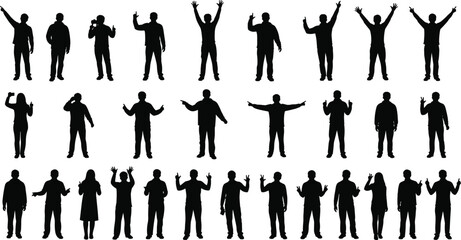 PrintSilhouettes of diverse men and women standing in various expressive poses, showing hand gestures, waving, pointing, and celebration vector illustration