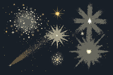 Dynamic celestial fireworks display with stars, cosmic bursts, and sparkling constellations against a dark, mysterious background, perfect for celebrations and events