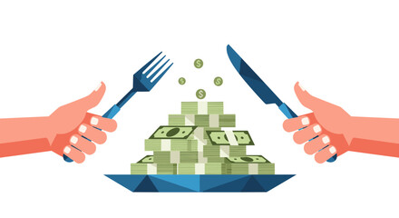 Fototapeta premium Hands holding fork and knife ready to eat pile of money on a plate with coins floating above symbolizing wealth and financial success