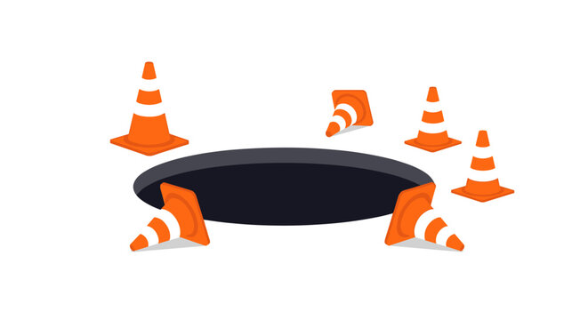Safety cones surround a dark circular hole on a white background representing a hazard or danger zone