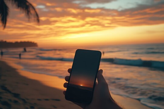 Smartphone mockup at sunset beach