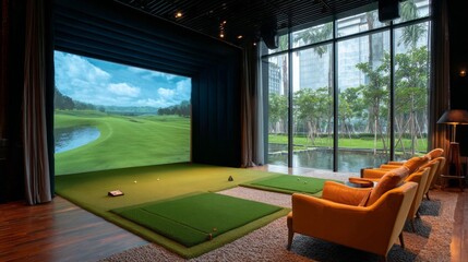Luxurious indoor golf court featuring advanced simulation technology and serene surroundings with modern seating
