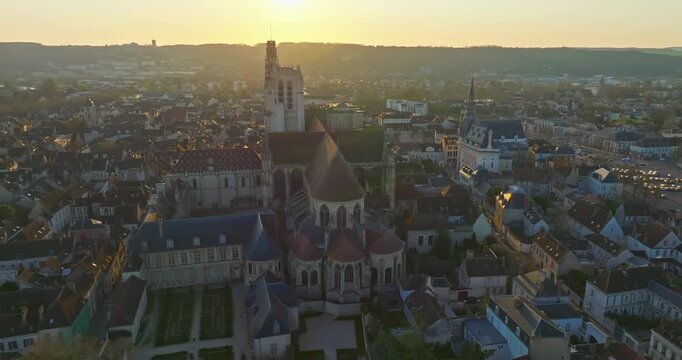 Aerial view of cities of Sens Burgundy France flying over the old historic center