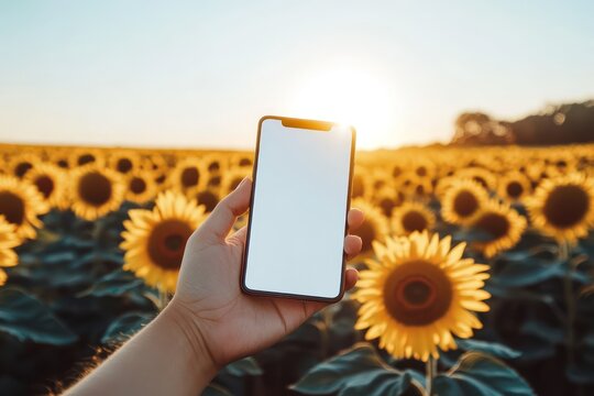 Smartphone mockup in golden sunflower field - Powered by Adobe