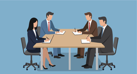 A diverse group of business professionals collaborating around a table, taking notes and discussing strategies, set against a clean, blue background.
