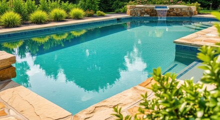 Obraz premium Calm turquoise pool with stone trim in lush garden setting, water trickles
