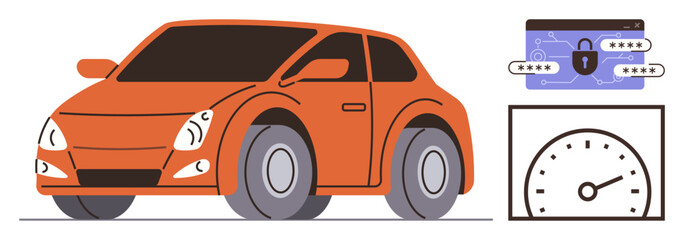 Naklejka premium Orange car, password-locked credit card, and speedometer conveying automobile technology, cybersecurity, transport efficiency. Ideal for automotive innovation, data safety, digital payment, modern