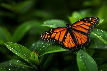 Naklejka premium A monarch butterfly rests on lush green foliage, its vivid orange and black wings glistening with tiny water droplets, reflecting the beauty of nature.