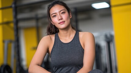 Fototapeta premium A young woman poses confidently in a gym, wearing athletic clothing. The setting is bright and energetic, ideal for fitness and wellness themes.