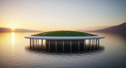 A futuristic and sustainable circular building with a green roof floating on a calm lake at sunset.