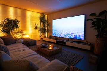 Fototapeta premium Flat-screen TV mockup in cozy living room