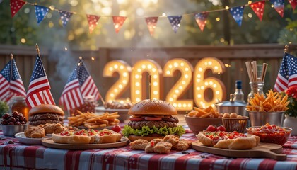 Patriotic barbecue feast with burgers, fries, and american flags celebrating the year two thousand twenty six