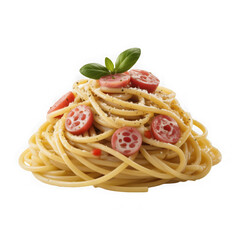 High-quality studio photograph of Spaghetti Carbonara, Italian cuisine, isolated on pure white background