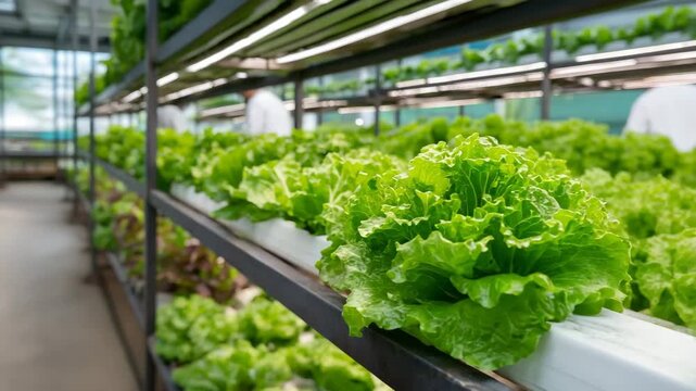 A row of green lettuce is on a shelf. Closeup vertical hydroponic farm racks filled with fresh lettuce, vertical farming restaurant, bright clean natural light